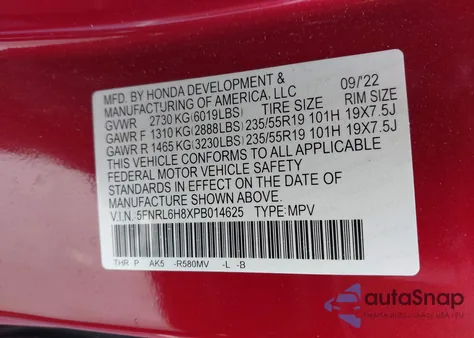 2023 Honda Odyssey Touring z USA, uszkodzony, nr VIN 5FNRL6H8XPB014625